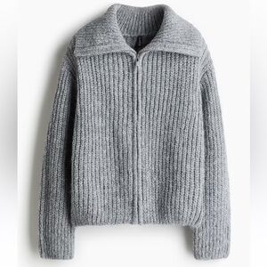 H&M Light Grey Melange RIB-KNIT CARDIGAN WITH ZIPPER